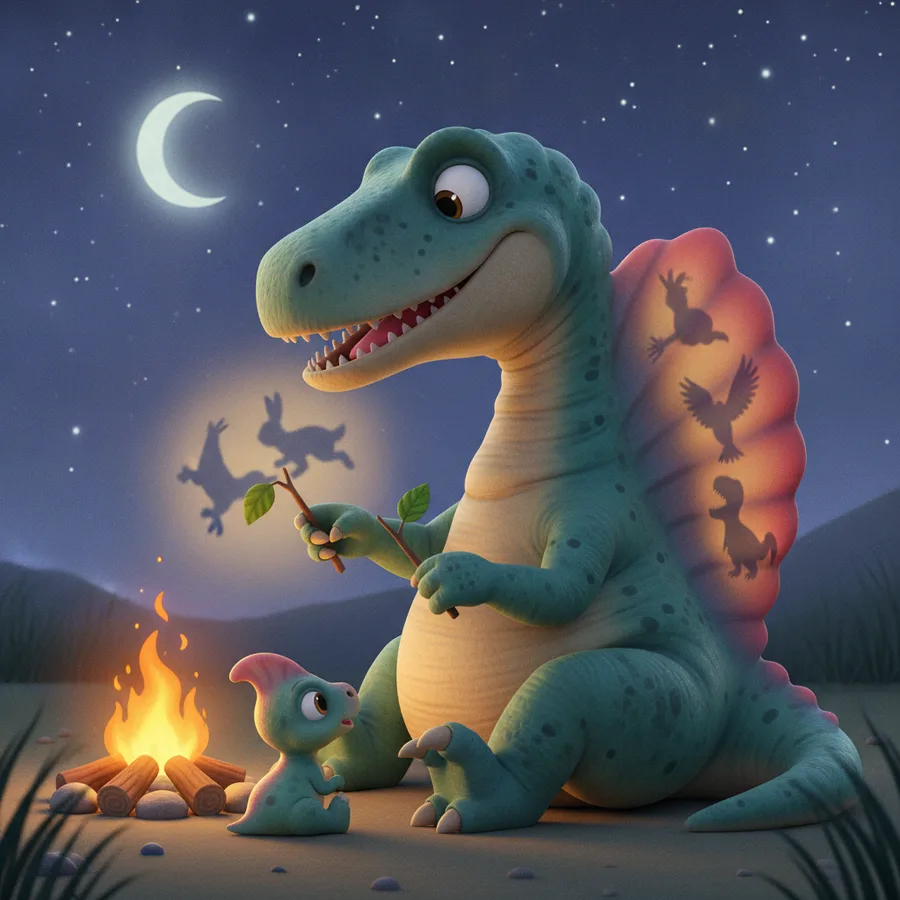 This coloring page features a playful scene with a Spinosaurus and a smaller dinosaur by a campfire. The dinosaurs are easy to color, while the shadows provide a fun challenge.