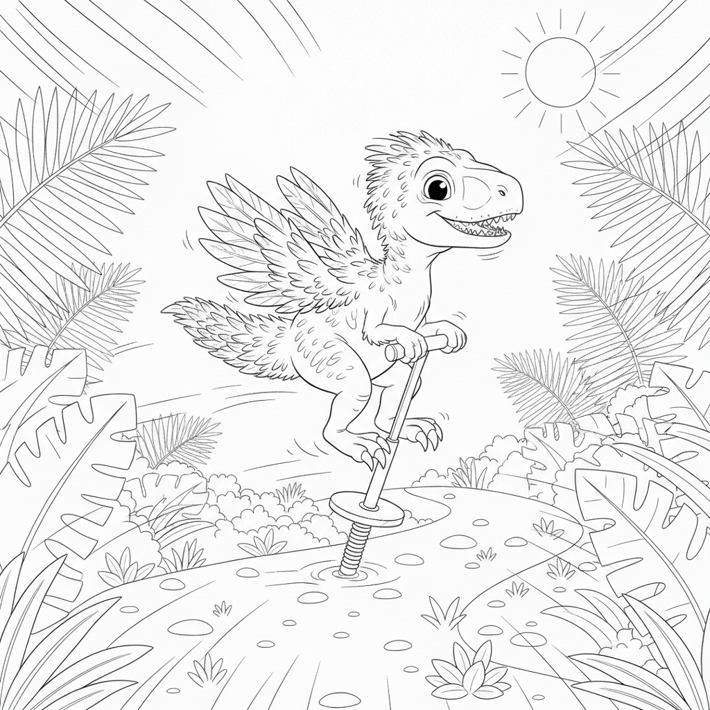 Cheerful Dinosaur on a Pogo Stick — Free Coloring Page for Kids