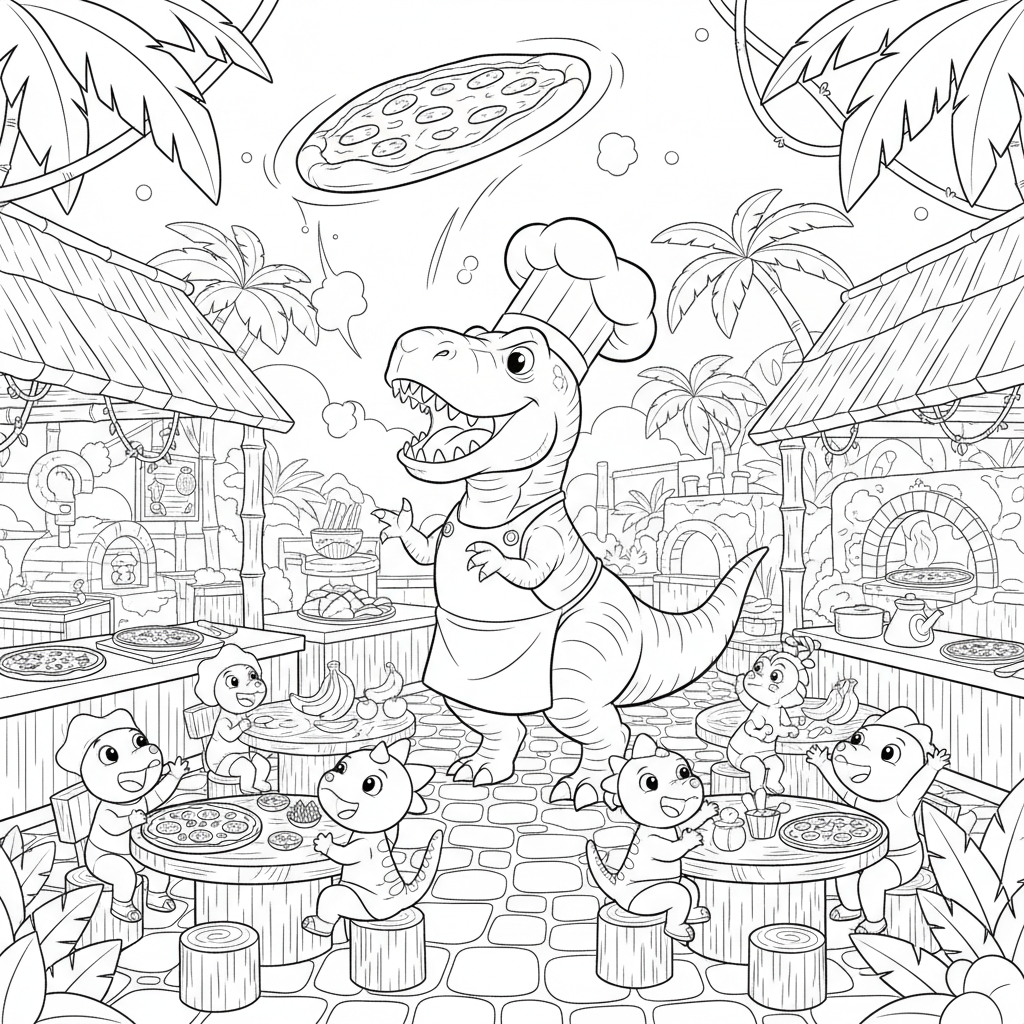 Cheerful Dino Chef Tossing Pizza Dough — Free Coloring Page for Kids coloring page