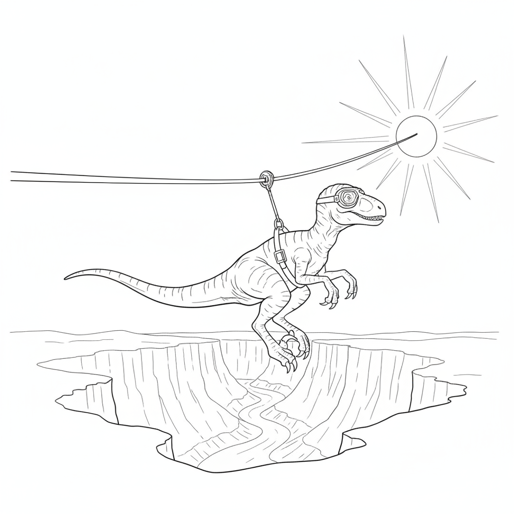 Dino en Tyrolienne au Coucher de Soleil — Coloriage dinosaures — Gratuit à Imprimer