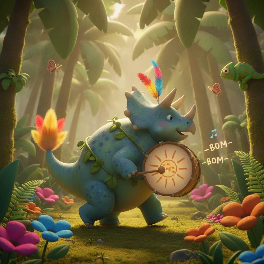 Dieses Ausmalbild zeigt einen lustigen Triceratops, der von bunten Blumen umgeben ist und Trommel spielt. Die Blumen sind einfach auszumalen, während die Details der tropischen Pflanzen eine spaßige Herausforderung bieten.