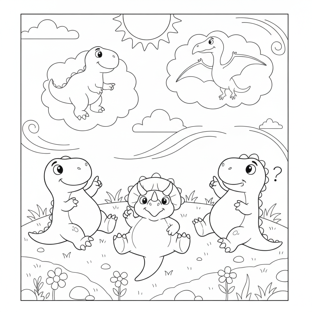 Trois Dinosaures Regardant les Nuages — Coloriage Dinosaure — Gratuit à Imprimer