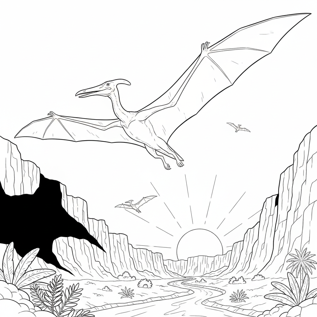 Quetzalcoatlus Soaring Above the Valley — Free Coloring Page for Kids coloring page