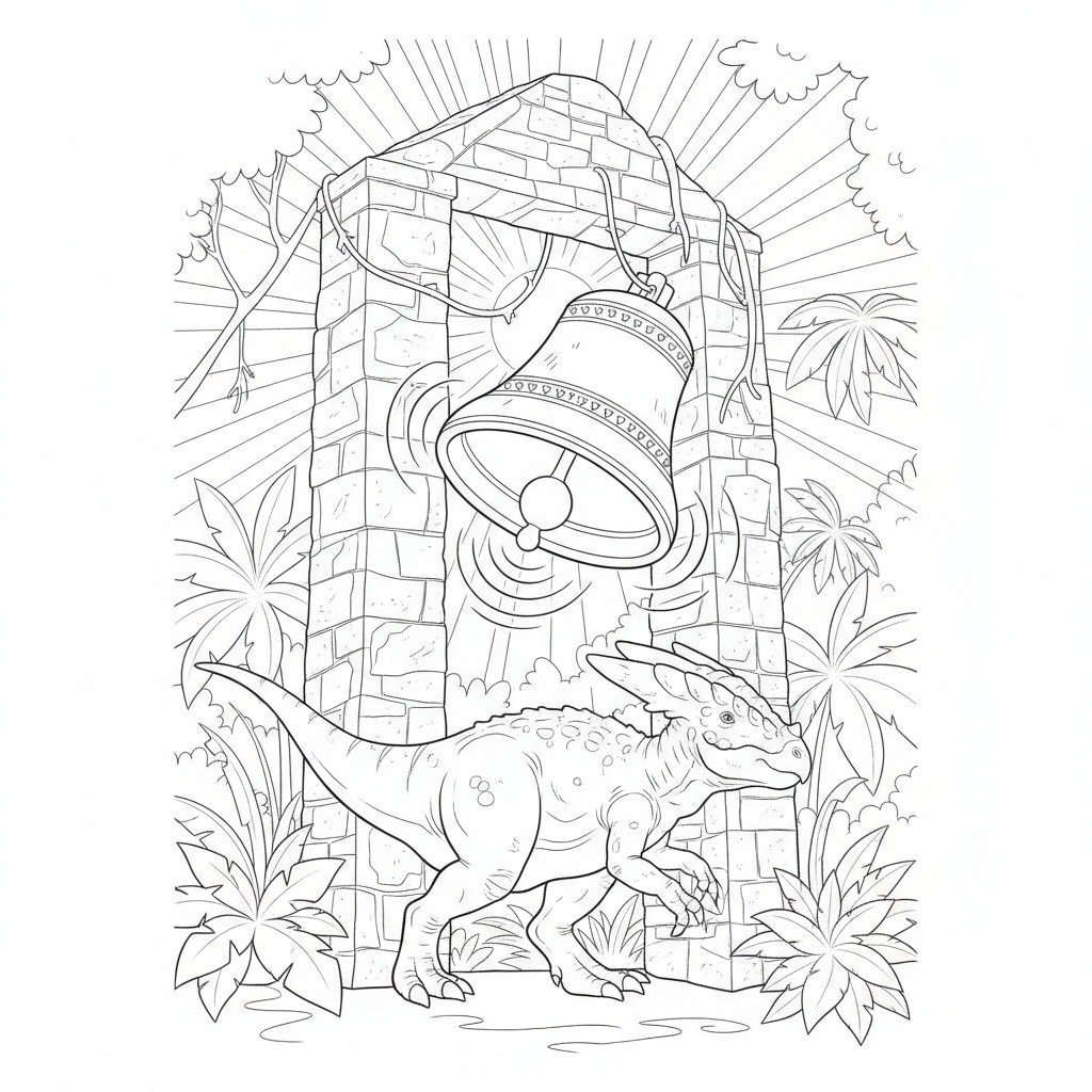 Verspielter Dinosaurier unter einer Glocke — Dinosaurier Ausmalbild — Kostenlos Ausdrucken