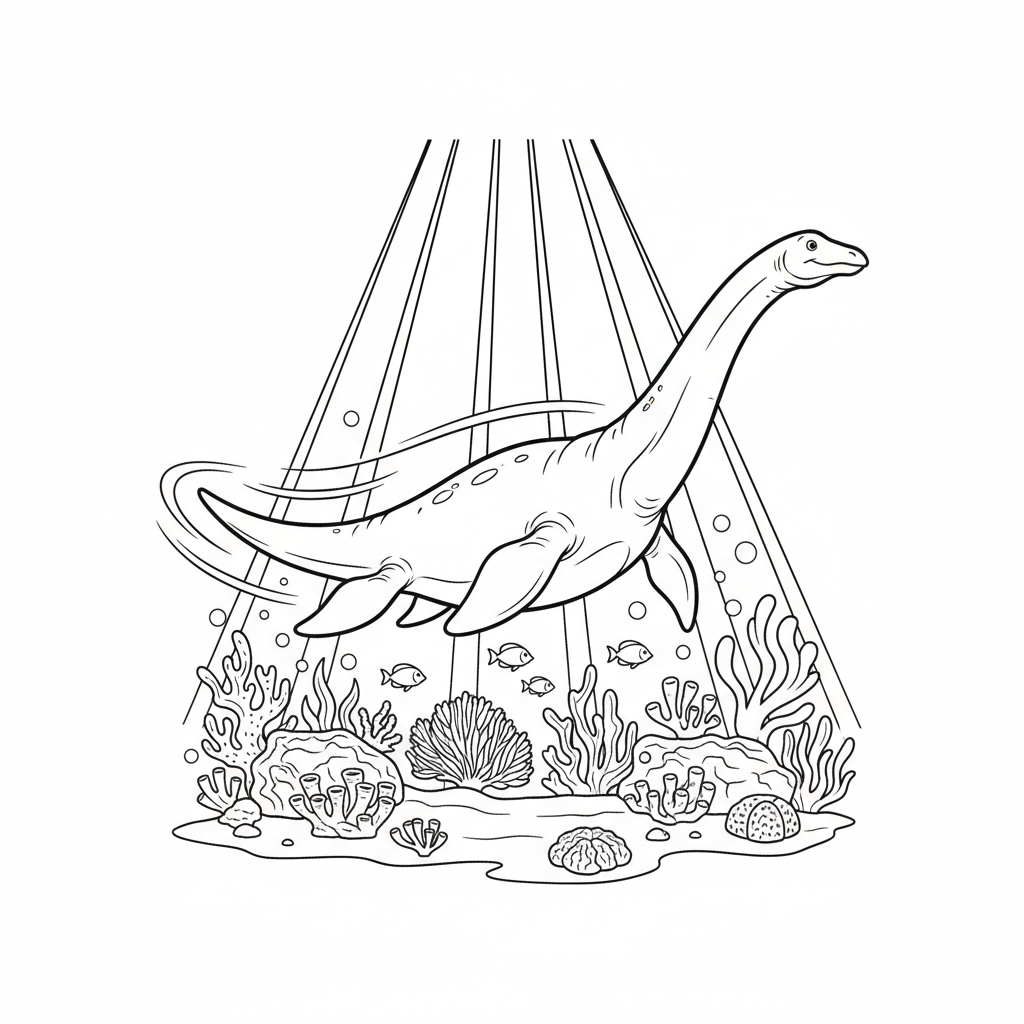 Plesiosaurus Swimming in Coral Reef — Free Coloring Page for Kids coloring page