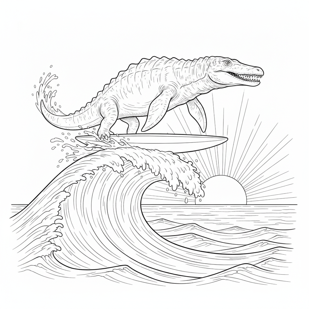 Fröhlicher Dinosaurier surft auf einer Welle — Dinosaurier Ausmalbild — Kostenlos Ausdrucken