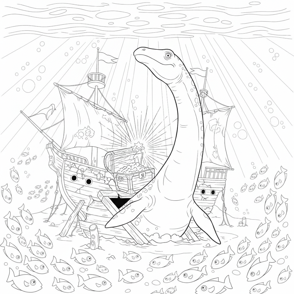 Plesio Treasure Diver — Free Coloring Page for Kids coloring page