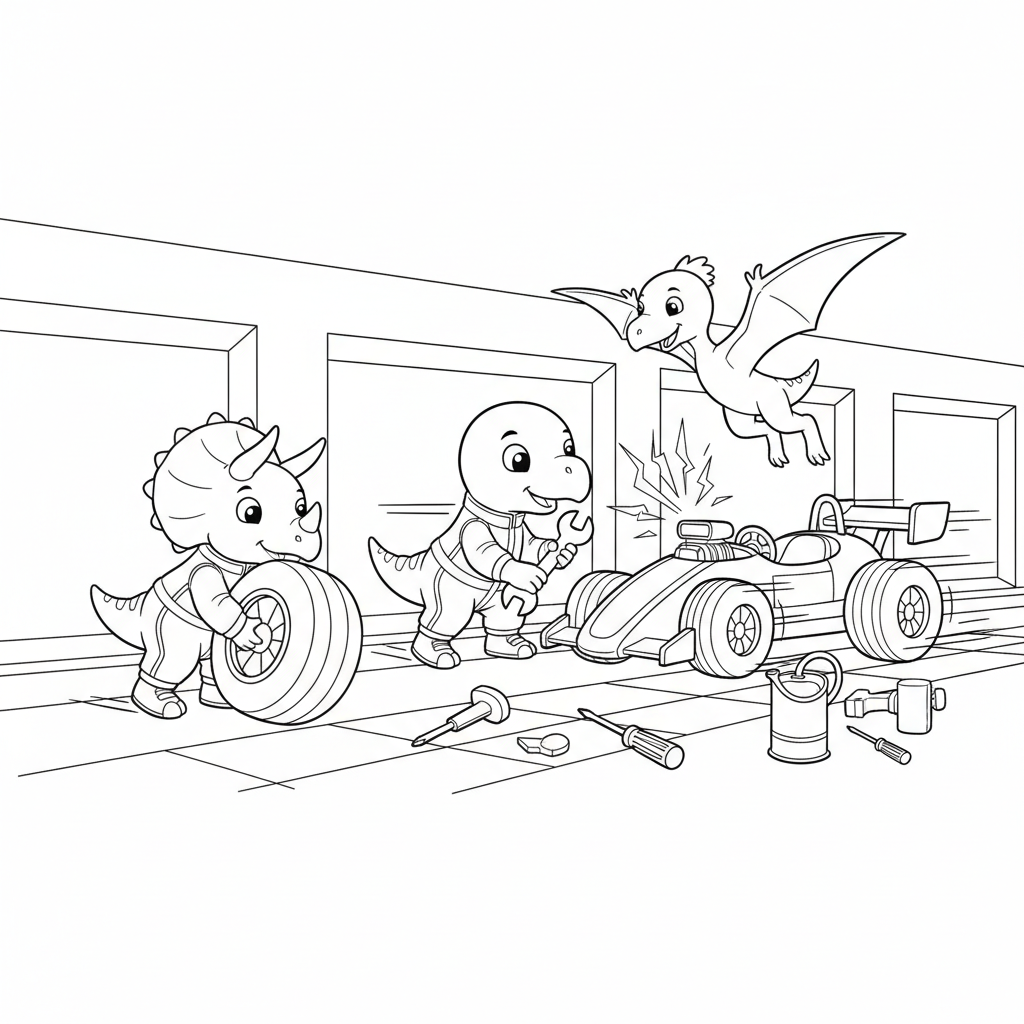 Dino Racer Team — Free Printable Coloring Page for Kids coloring page
