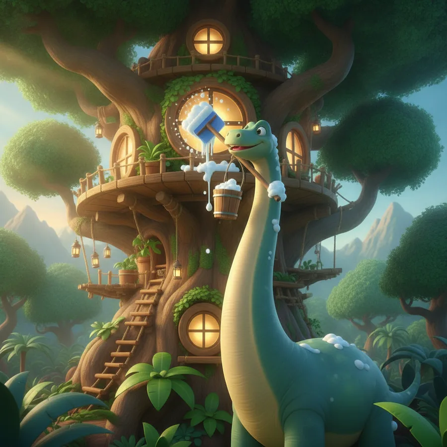This playful dinosaur is washing windows with bubbles in front of a whimsical treehouse. The large areas like the dinosaur's body are easy to color, while the treehouse details offer a fun challenge.