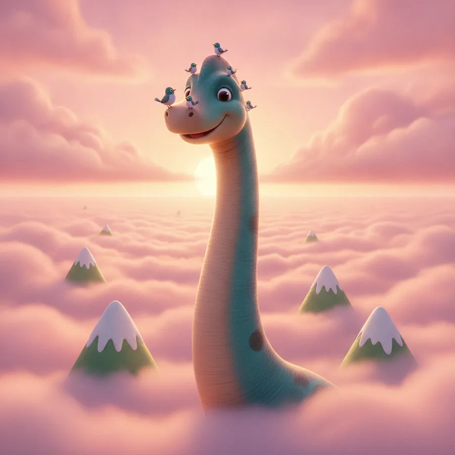 Dieses Ausmalbild zeigt einen cartoonhaften Dinosaurier mit Vögeln auf dem Kopf. Die Wolken sind einfach zu kolorieren, während der Sonnenuntergang eine spaßige Herausforderung darstellt.