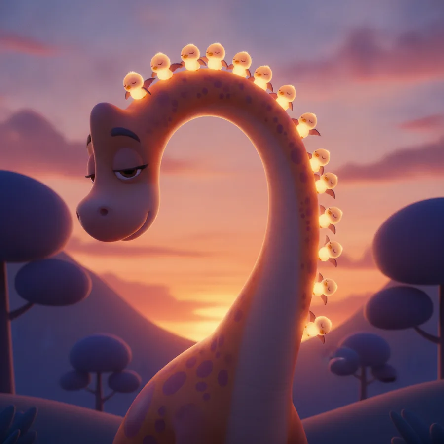 Esta encantadora página de colorir apresenta um dinossauro alegre com um longo pescoço. O céu e as árvores são fáceis de colorir, enquanto os detalhes na coluna do dinossauro oferecem um divertido desafio.
