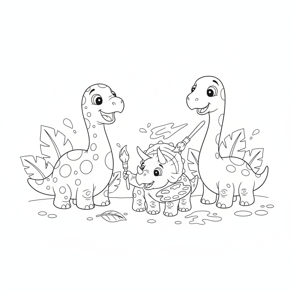 Drei Verspielte Dinosaurier Mit Farbe — Dinosaurier Ausmalbild — Kostenlos Ausdrucken