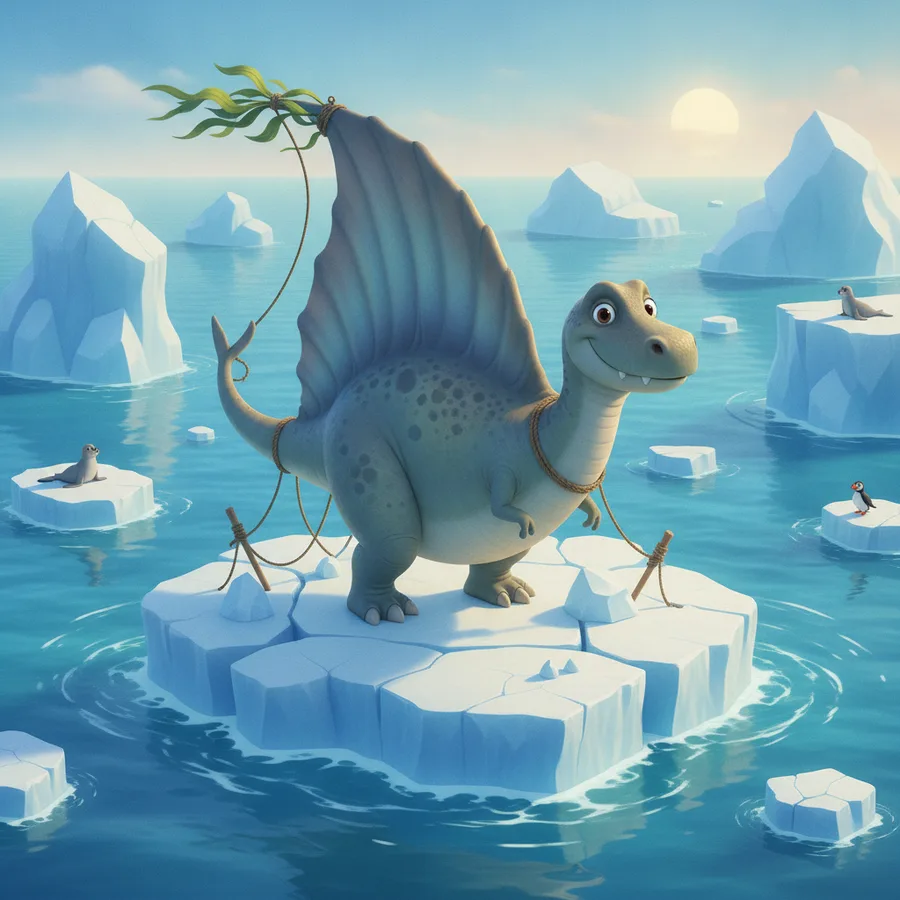 This coloring page features a playful dinosaur standing on an ice floe. The large sail and icebergs offer easy areas for little hands to color, while the intricate sun can be a delightful challenge.