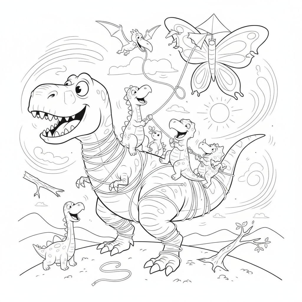 Freundliche Dinosaurier mit Bändern — Dinosaurier Ausmalbild — Kostenlos Ausdrucken