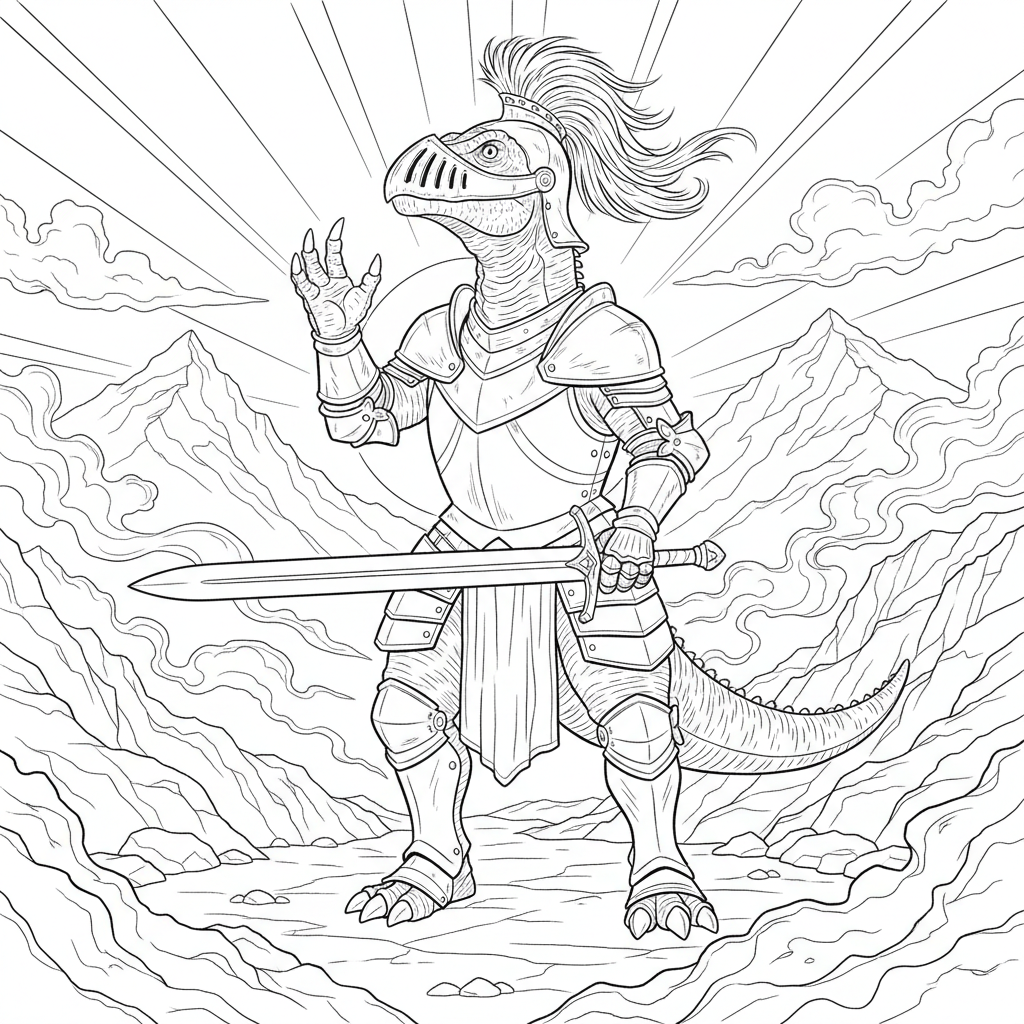 Shiny Knight Dinosaur Adventure — Free Coloring Page for Kids coloring page