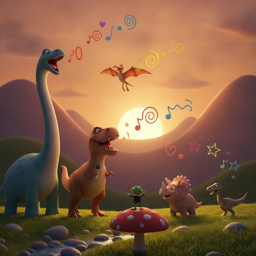Cette page à colorier présente un rassemblement coloré de dinosaures, rendant facile le coloriage du paysage verdoyant. Les dinosaures et les notes de musique offrent des zones amusantes pour les plus jeunes, tandis que les détails des collines peuvent être un défi pour les plus âgés.