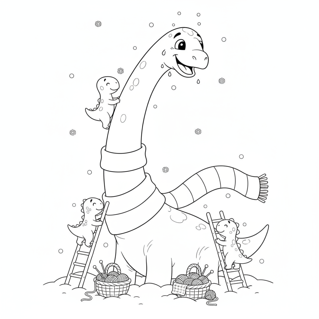 Friendly Dinosaur Surrounded by Little Climbers — Free Coloring Page for Kids