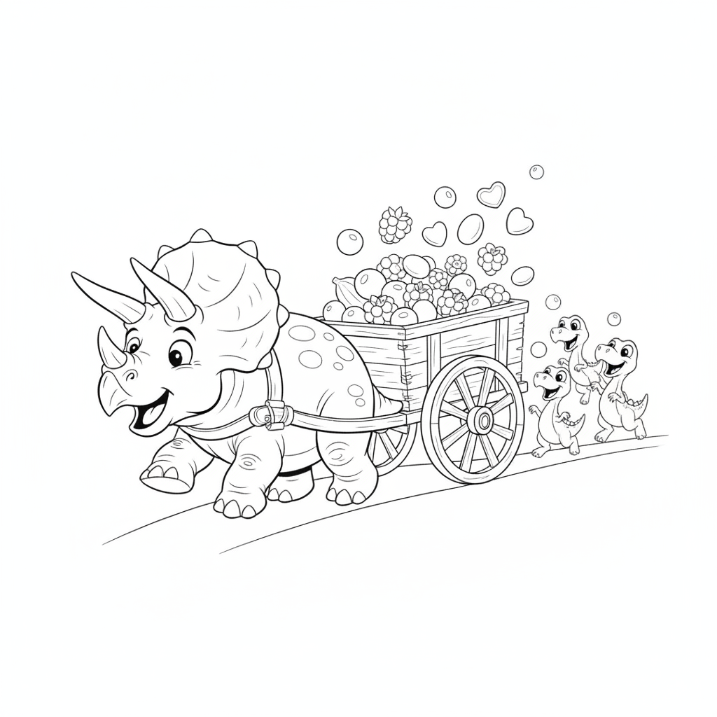Fröhlicher Triceratops mit Beerenwagen — Triceratops Ausmalbild — Kostenlos Ausdrucken