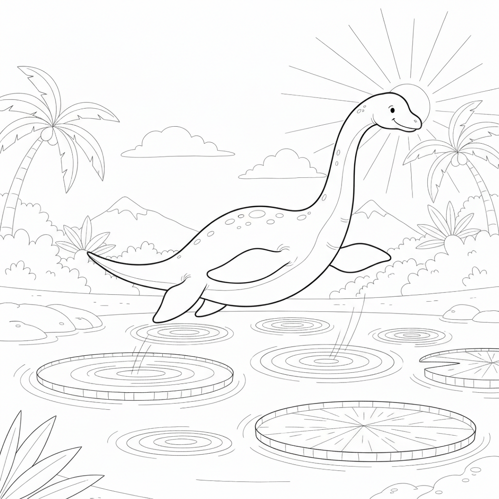 Cheerful Dinosaur Leaping Over Lily Pads — Free Coloring Page for Kids