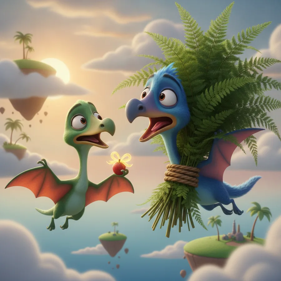 Dieses Ausmalbild zeigt verspielte Dinosaurier in einer lebhaften Landschaft. Der Himmel und das Gras sind einfach auszumalen, während die Flügel eine unterhaltsame Herausforderung bieten.