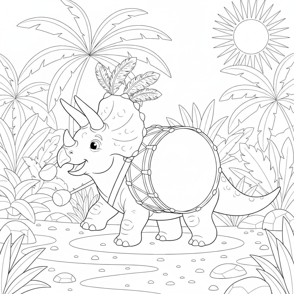 Fröhlicher Triceratops, der im Dschungel Trommel spielt — Dinosaurier Ausmalbild — Kostenlos Ausdrucken
