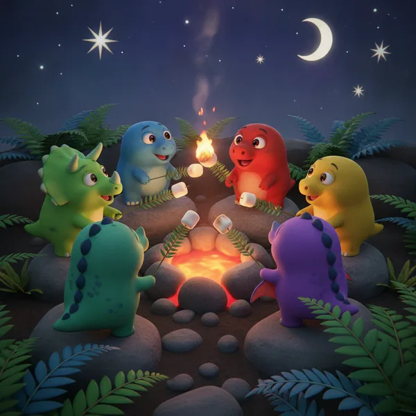 Fröhliche Dinosaurier beim Marshmallow-Rösten — Dinosaurier Ausmalbild — Kostenlos Ausdrucken