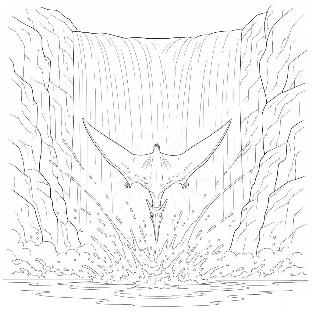 Pteranodon Diving Above a Waterfall — Free Coloring Page for Kids