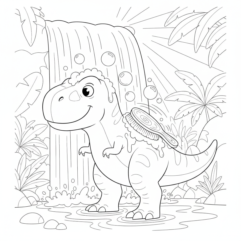 Dinosaurio Alegre junto a una Cascada — Dibujos de Dinosaurios para Colorear — Gratis para Imprimir