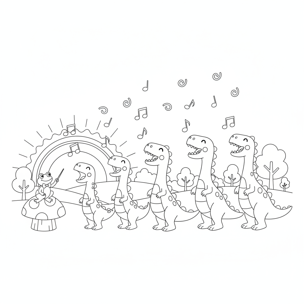 Rassemblement de Dinosaurs Colorés au Coucher de Soleil — Gratuit à Imprimer