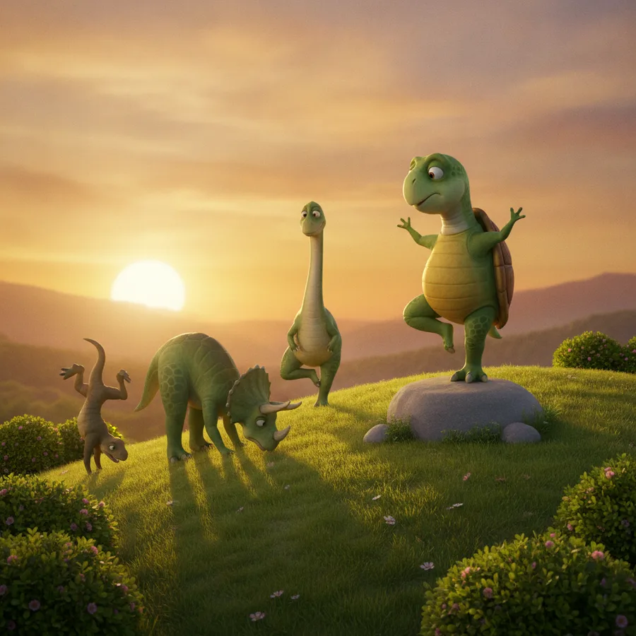 This coloring page features a lively scene with a turtle balancing on one leg and dinosaurs in a colorful sunset. Easy areas include the grassy landscape, while the details on the dinosaurs provide a fun challenge.