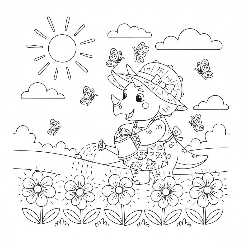 Triceratops Gardener — Free Coloring Page for Kids coloring page