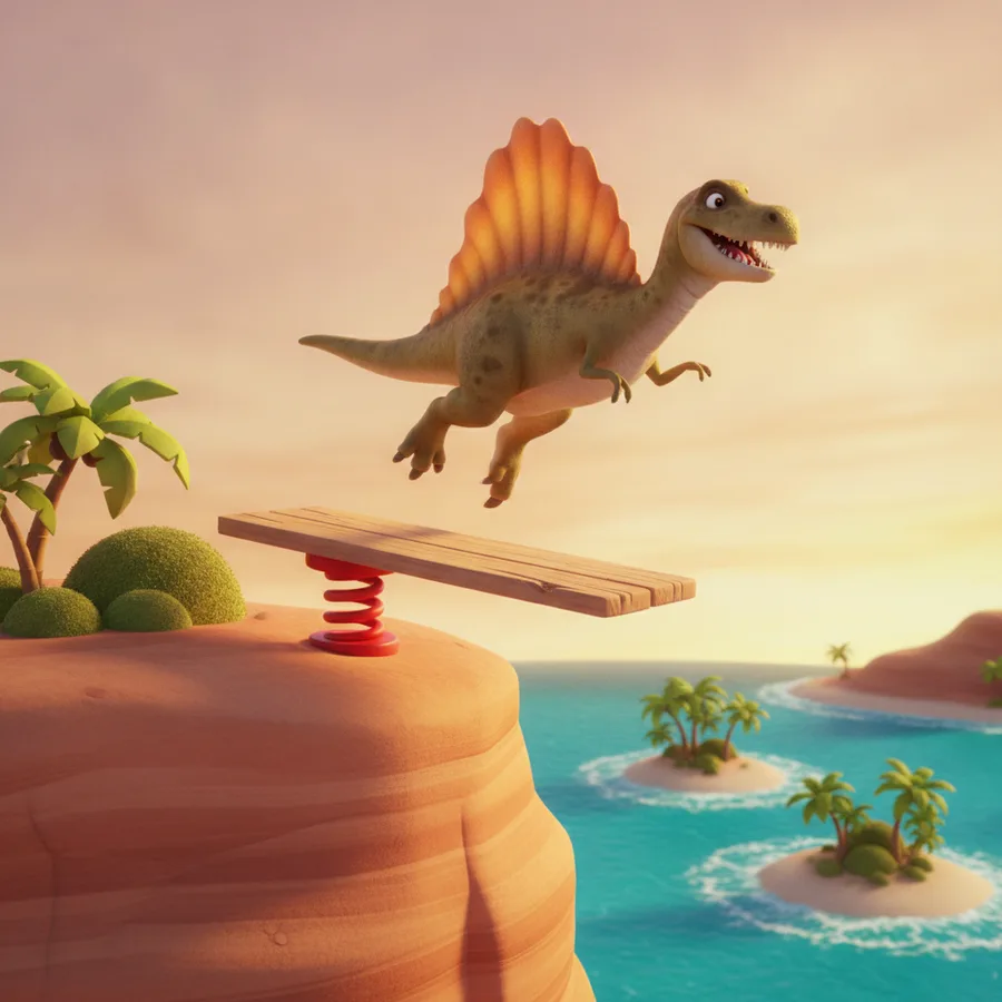 Enjoy coloring the playful Spinosaurus as it leaps off a cliff, with easy areas like the sky and water, and more challenging details in the dinosaur's scales.