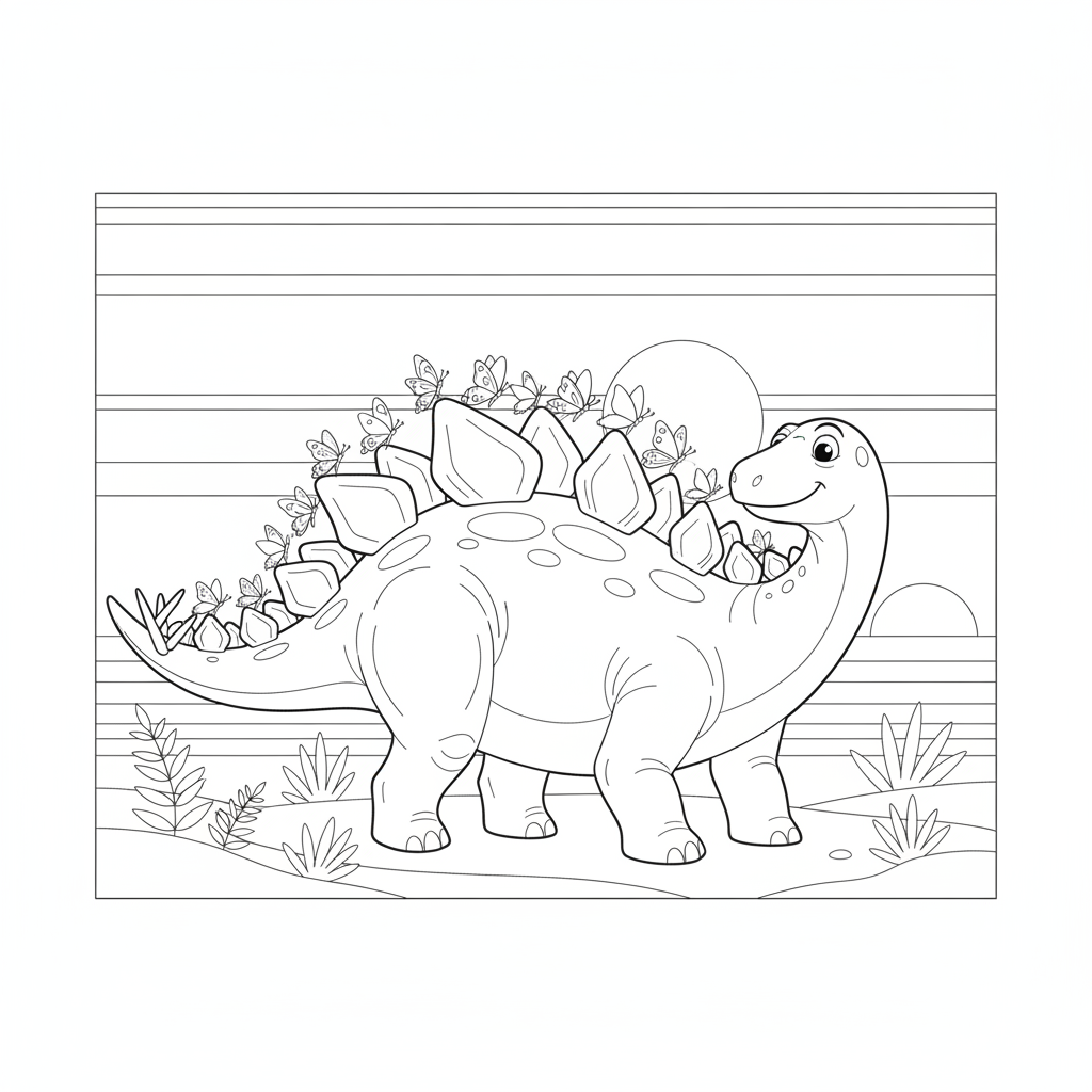 Ein fröhlicher Dinosaurier umgeben von Schmetterlingen — Dinosaurier Ausmalbild — Kostenlos Ausdrucken