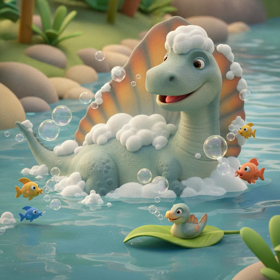 This delightful coloring page features a friendly dinosaur enjoying a bubble bath in a pond. The large areas of water and greenery are easy to color, while the intricate details of the dinosaur's spikes and bubbles provide a fun challenge.