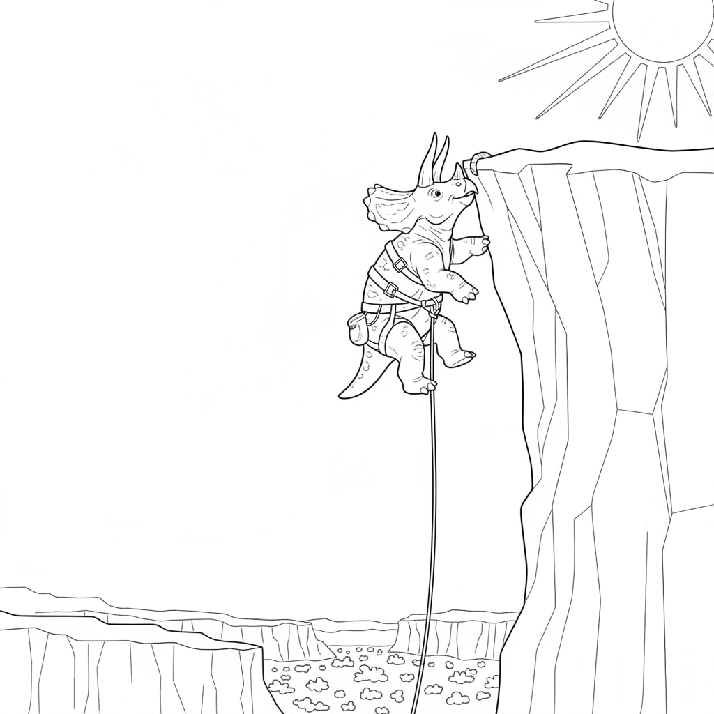 Cheerful Triceratops Climbing a Cliff — Free Coloring Page for Kids