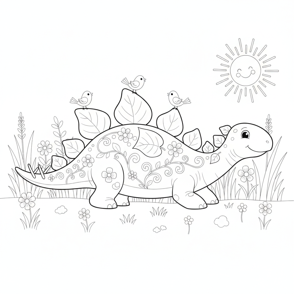 Freundlicher Dinosaurier mit Bunten Vögeln — Dinosaurier Ausmalbild — Kostenlos Ausdrucken