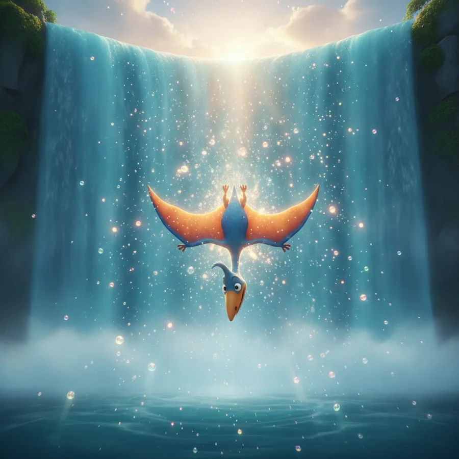 This enchanting Pteranodon coloring page features large, easy-to-color areas like the waterfall, while the bird's intricate wings provide a fun challenge.
