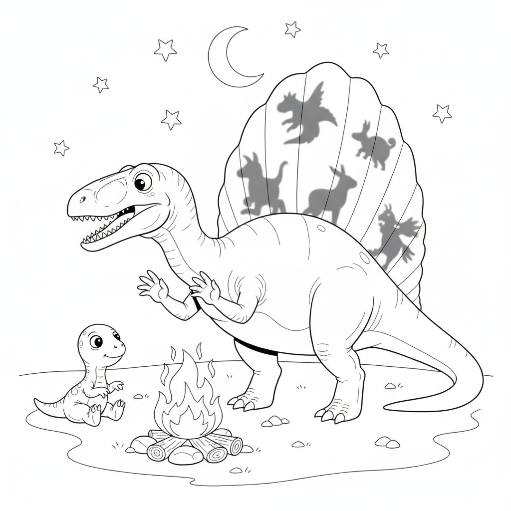 Spinosaurus by the Campfire — Free Coloring Page for Kids
