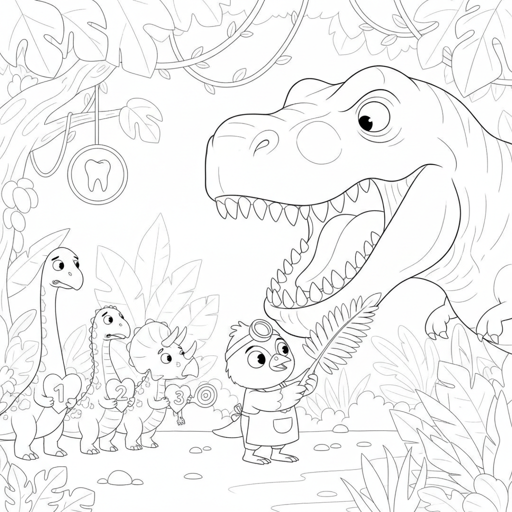 Dentista Dino Examina T-Rex — Desenho de Dinossauros para Colorir — Grátis