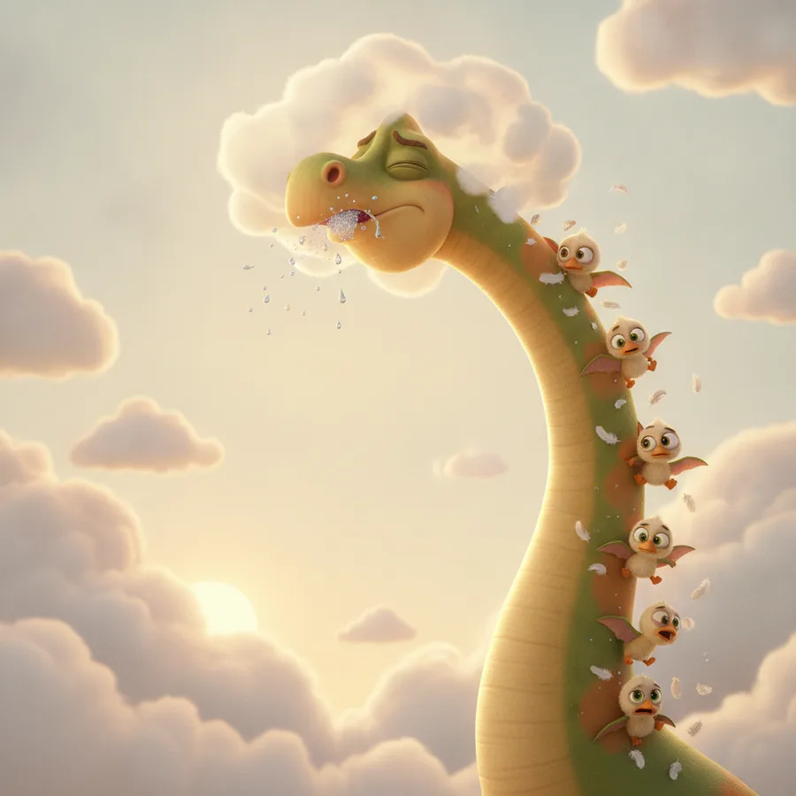 Color the sad dragon and the fluffy creatures perched along its neck. The large areas of the dragon's body are easy to fill in, while the small creatures add a fun challenge.