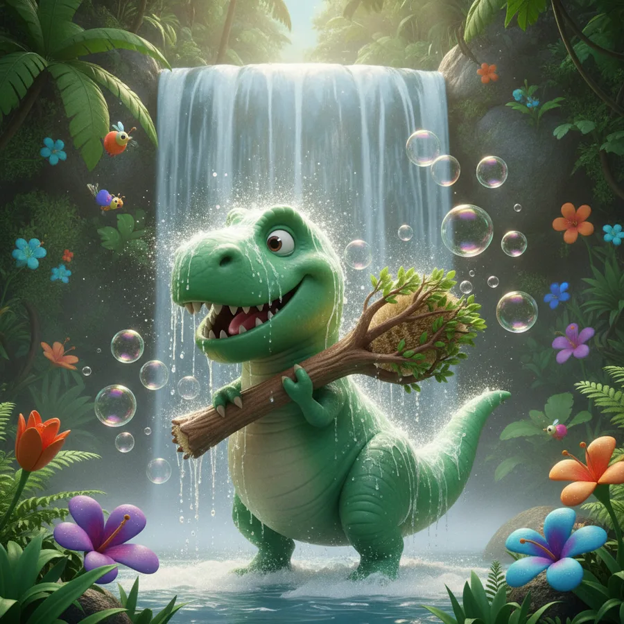 Esta página para colorear presenta un dinosaurio alegre, lo que la hace divertida para los niños. Las flores vibrantes y burbujas son fáciles de colorear, mientras que los detalles del dinosaurio pueden ser un poco desafiantes.