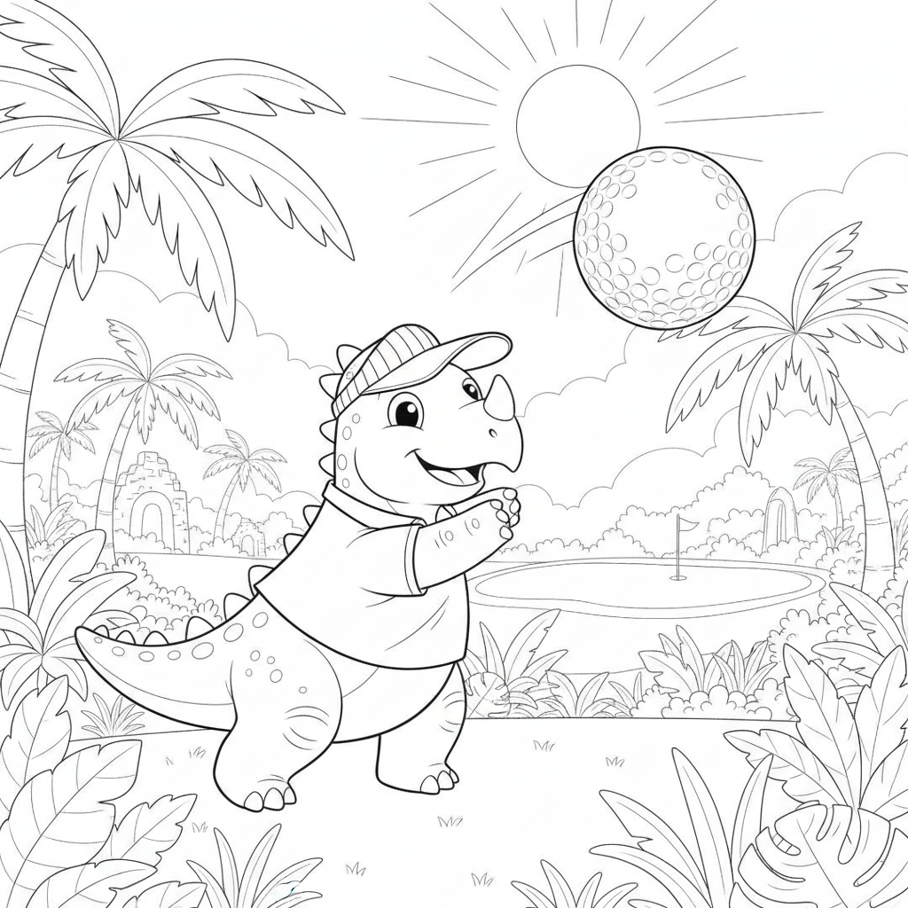 Cheerful Dinosaur on a Golf Course — Free Coloring Page for Kids