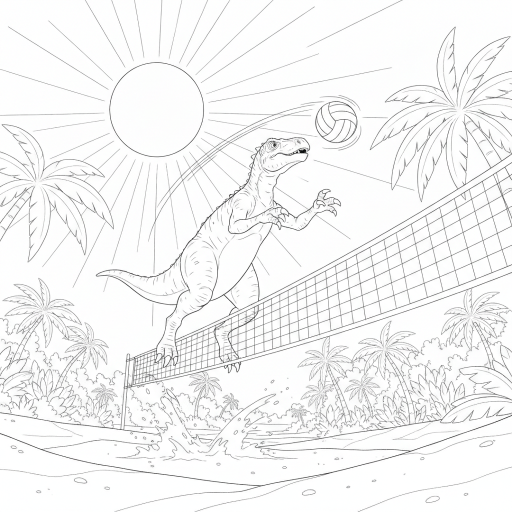 Dinosaurie Joyeux Sautant pour le Volleyball — Coloriage Dinosaure — Gratuit à Imprimer
