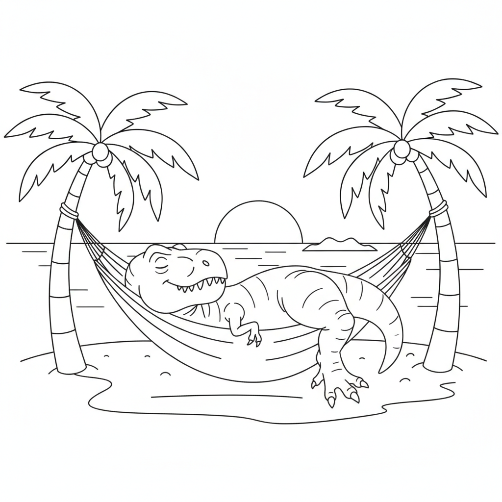 Cheerful Dinosaur in a Hammock — Free Coloring Page for Kids
