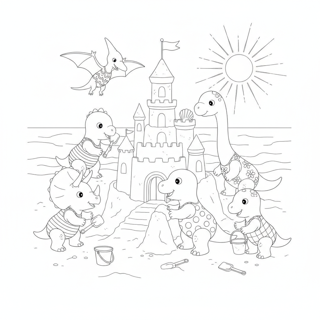 Baby Dino Beach Day — Free Printable Coloring Page for Kids coloring page