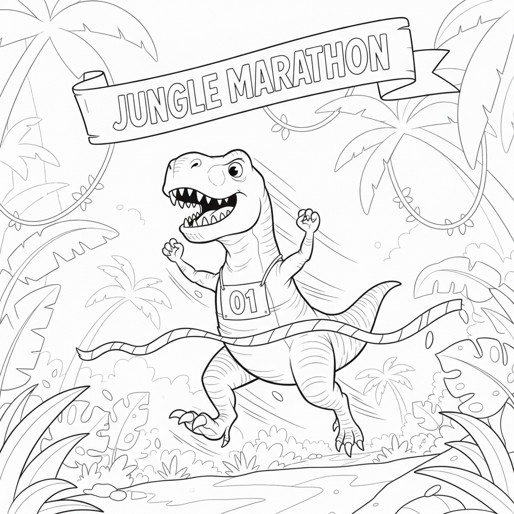 Dinosaurie Joyeux Célébrant à la Ligne d'Arrivée — Coloriage Dinosaure — Gratuit à Imprimer