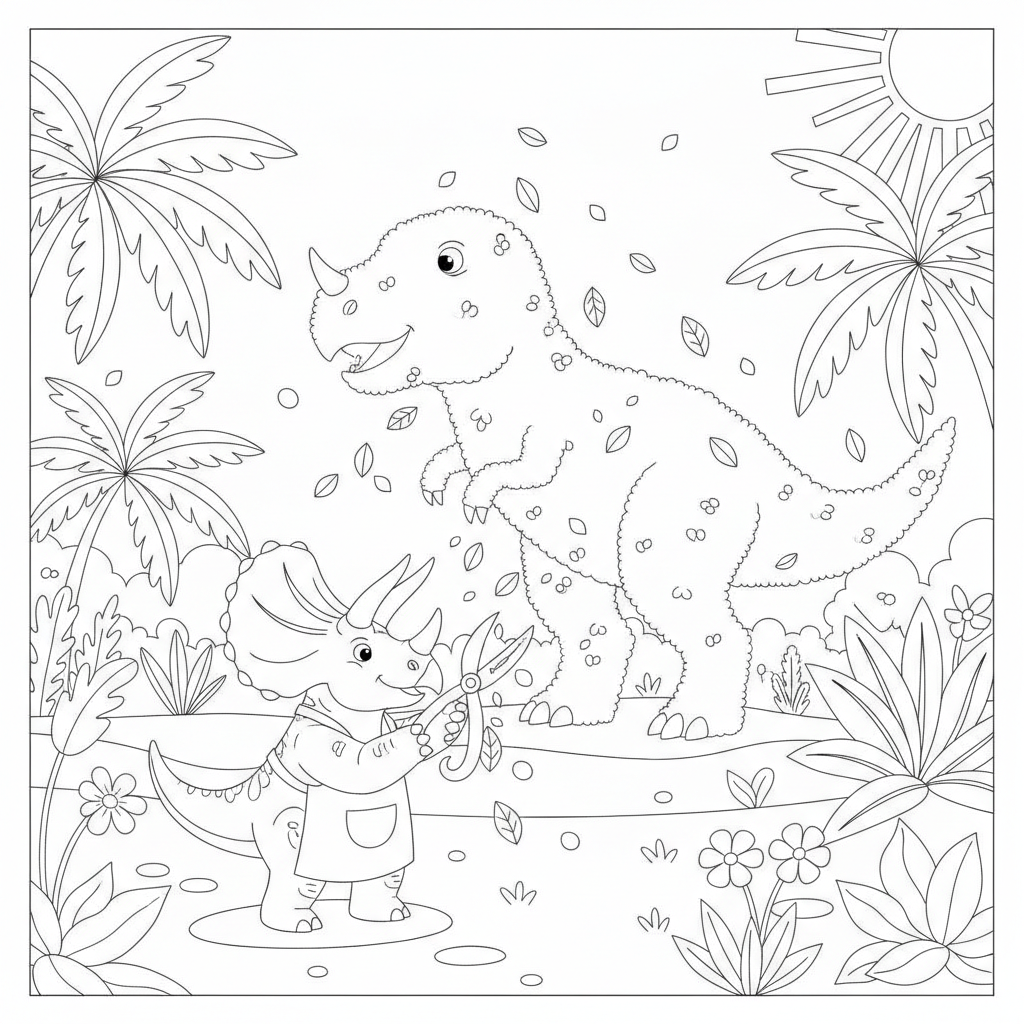 Tricératops Joyeux dans un Jardin Coloré — Coloriage Dinosaure — Gratuit à Imprimer