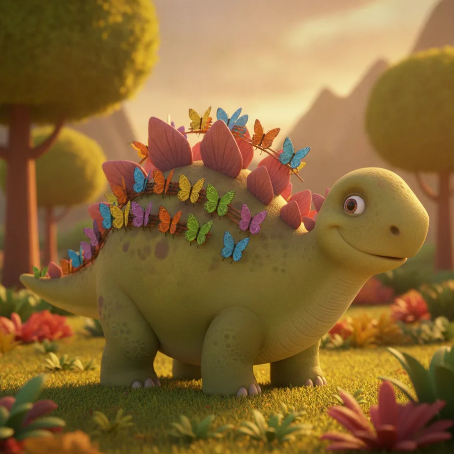 Dieses Ausmalbild zeigt einen fröhlichen Dinosaurier in einer bunten Landschaft voller Schmetterlinge und übergroßer Blumen. Die großen Flächen des Dinosauriers und der Blumen sind einfach auszumalen, während die filigranen Details der Schmetterlinge eine lustige Herausforderung bieten.