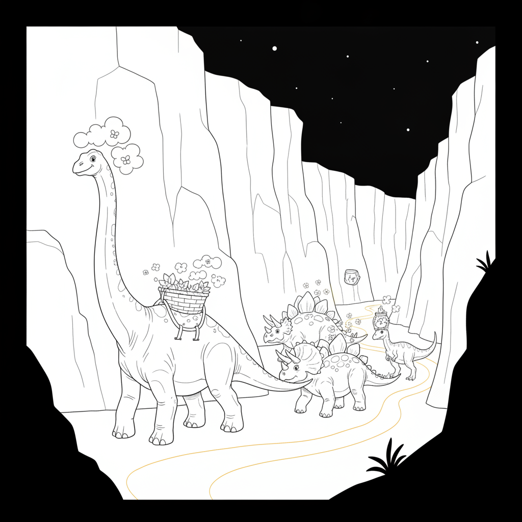 Fantastische Nachtszene mit Dinosauriern — Dinosaurier Ausmalbild — Kostenlos Ausdrucken