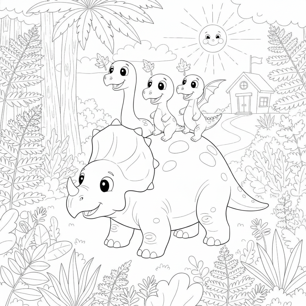 Fröhlicher Triceratops mit Bunten Küken — Triceratops Ausmalbild — Kostenlos Ausdrucken